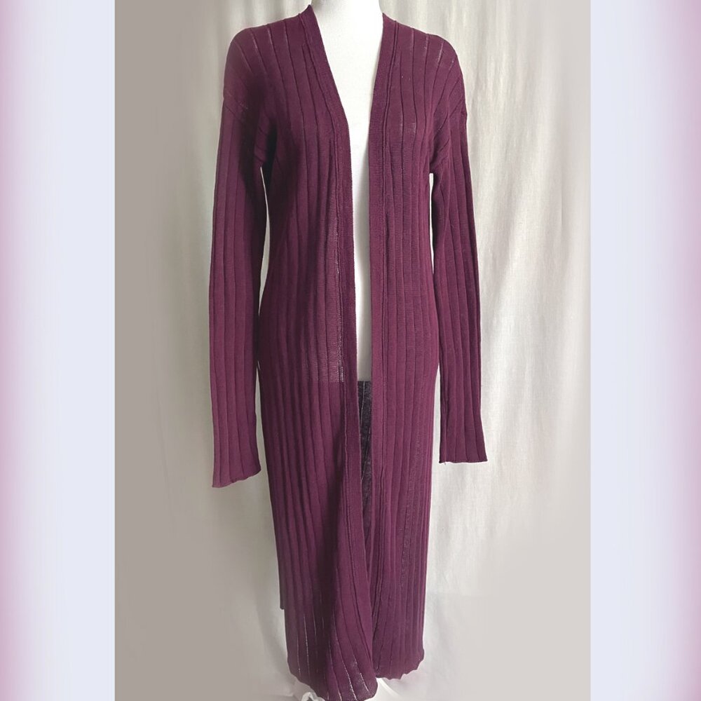Free People Cardi cardigan, long, 2 slits, crochet knit, cherry color, size M